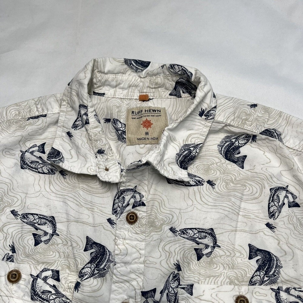 Ruff Hewn Men's Button Up T-shirt Novelty Fish Print Size Medium Blue White - Picture 2 of 7